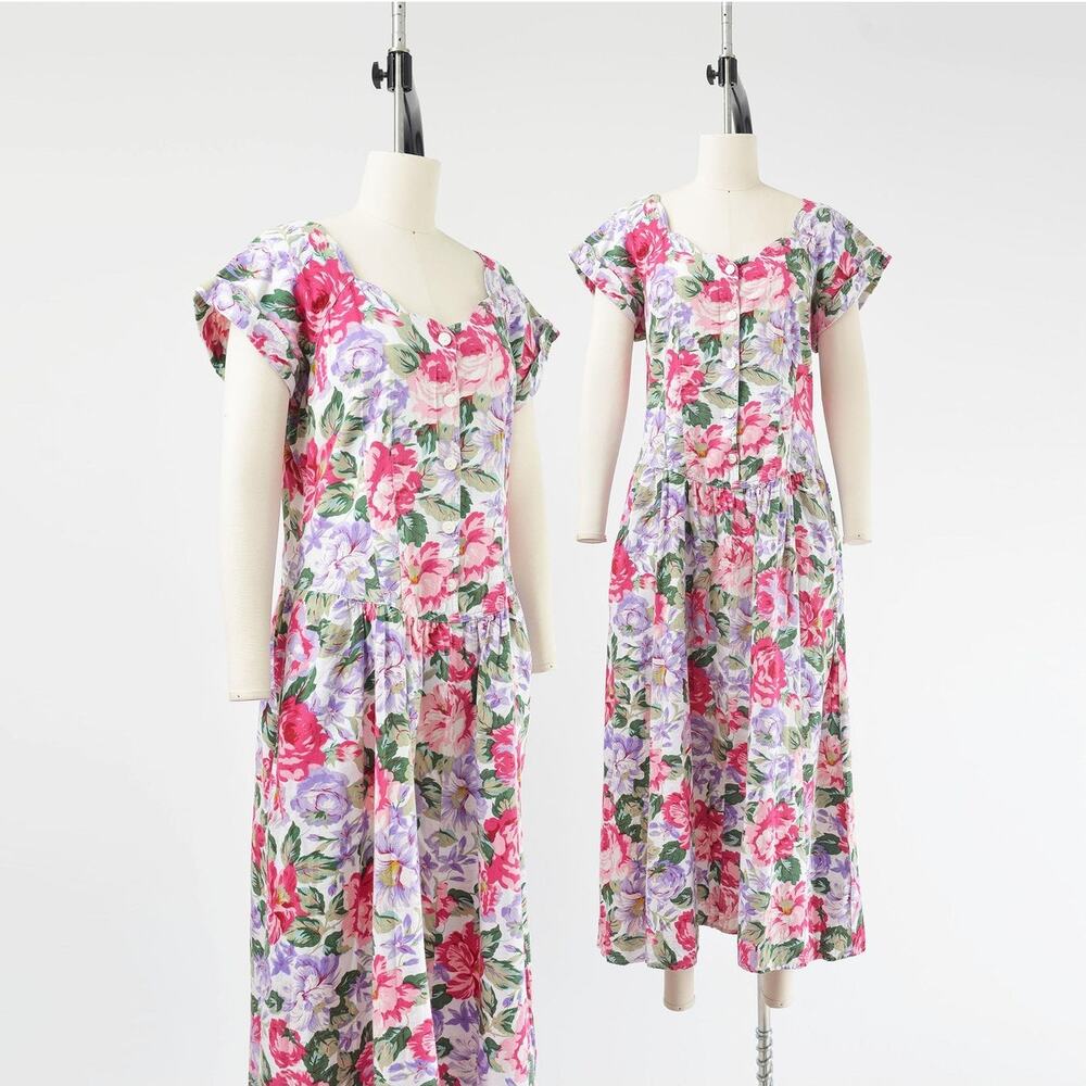 Vintage 80s White Floral Cotton Drop Waist Maxi Dress with Pockets size L
